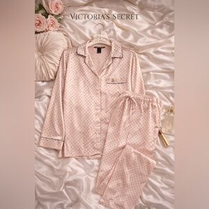 Victoria’s Secret Luxe Satin Pajama Set S Pink Polka Dot Lounge Sleepwear